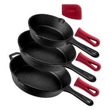 Cuisinel 3-piece pre-seasoned cast iron skillet set with silicone handle covers