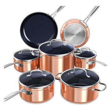 Nuwave Healthy Duralon Blue ceramic nonstick 12-piece cookware set in metallic rustic copper