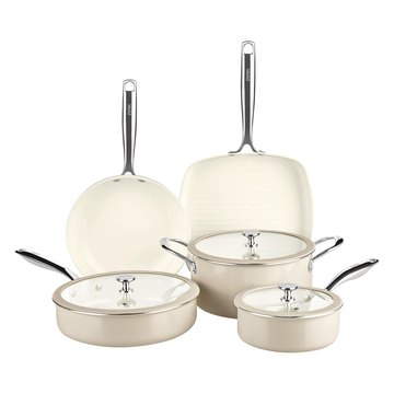 Pyrex 8-piece ceramic nonstick cookware set in warm stone