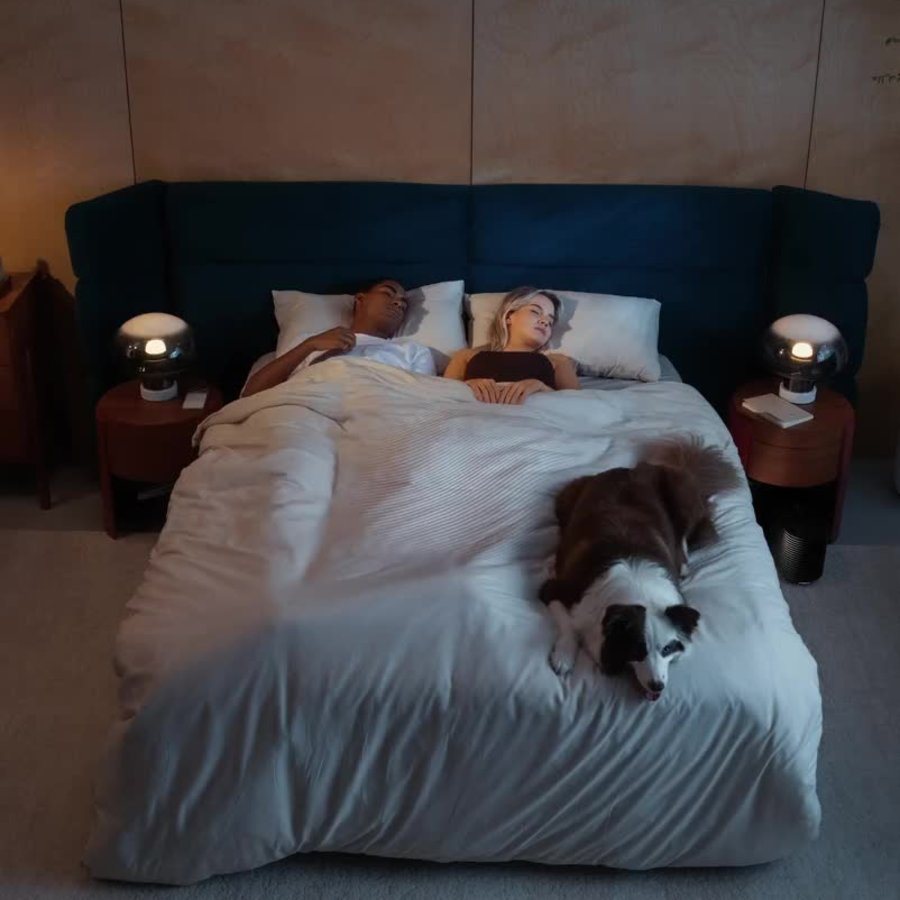 A couple asleep in a bed fitted with an Eight Sleep Pod, with a dog lying at the foot of the bed