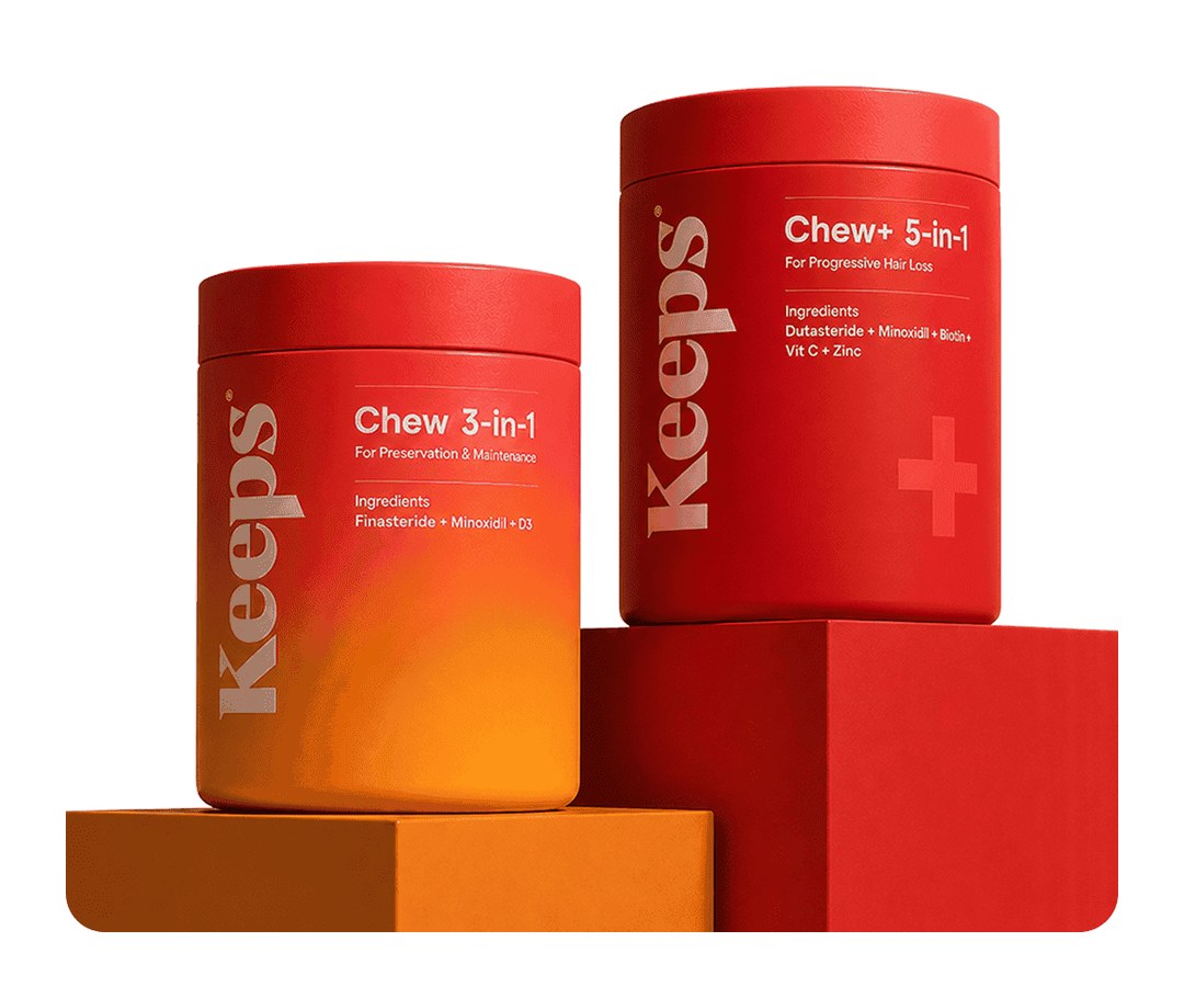 Keeps Chew 3-in-1 and Chew+ 5-in-1 product jars on red and orange blocks
