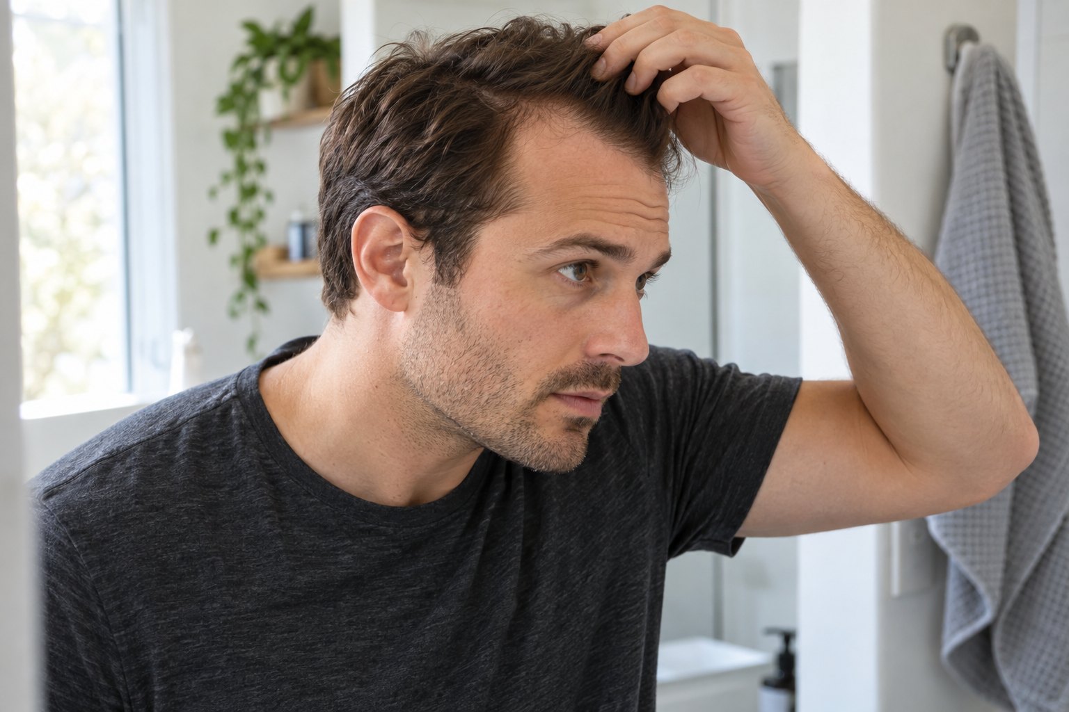 Adult man gently lifting his hair while checking his hairline in a bathroom
