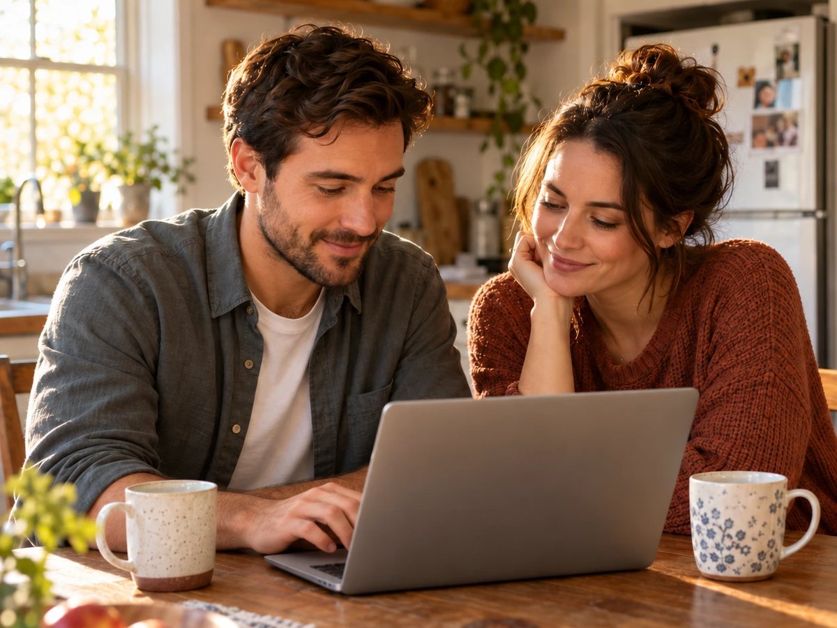 A couple smiling at a laptop together at a sunny kitchen table, with coffee mugs beside them