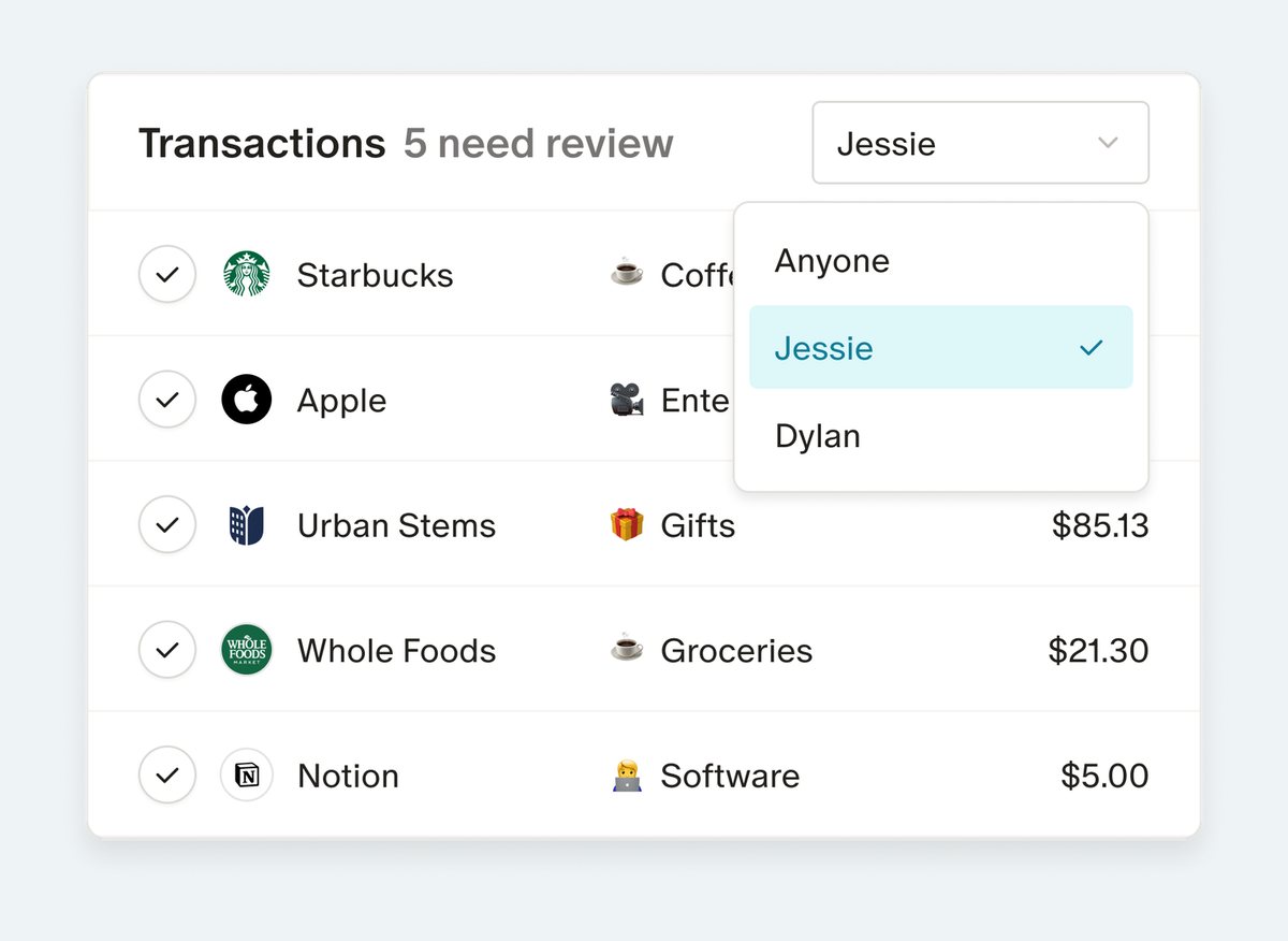 Monarch's transaction list showing five transactions that need review, with a filter set to one household member