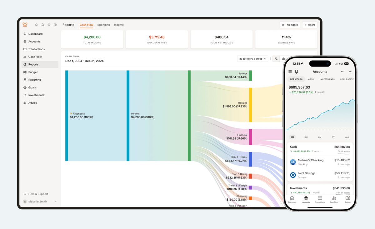 Monarch's cash flow report on a laptop and its accounts screen on an iPhone